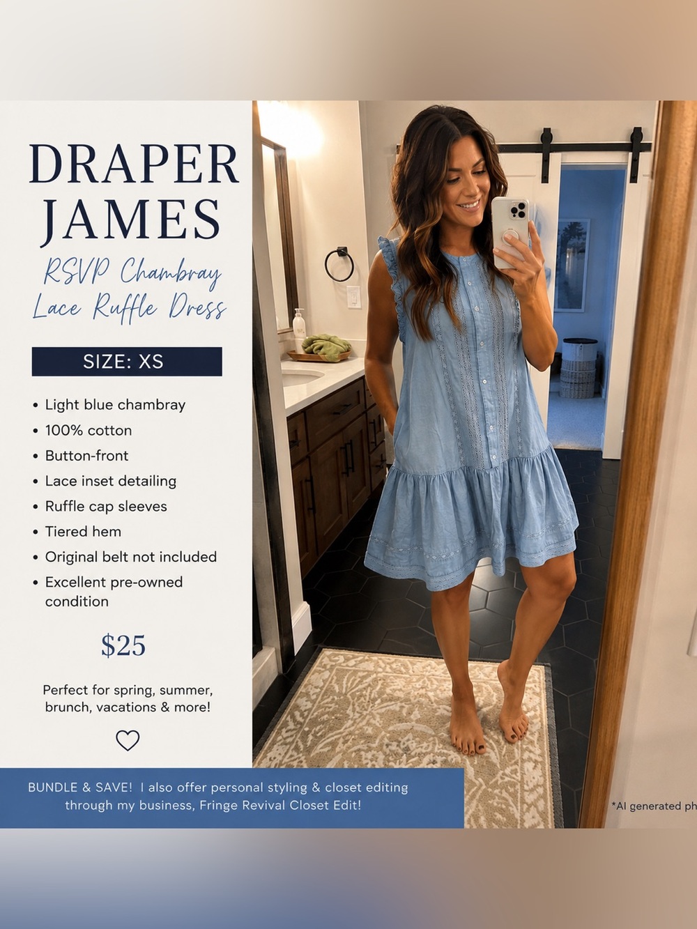 Draper James Light Blue Chambray Ruffle Mini Dress 100% cotton.